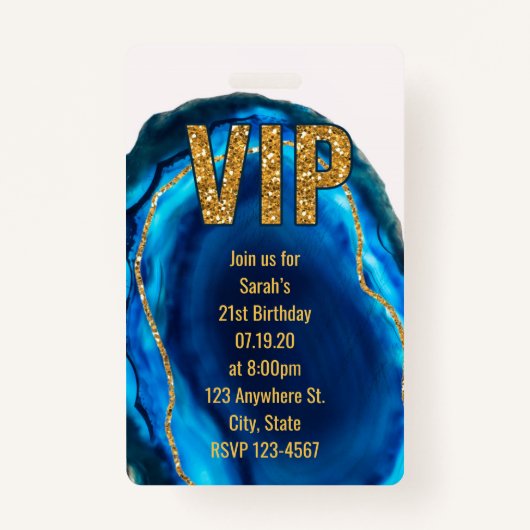 Geode Agate Blue Gold Verjaardag VIP Pass Uitnodig Badge (Voorkant)