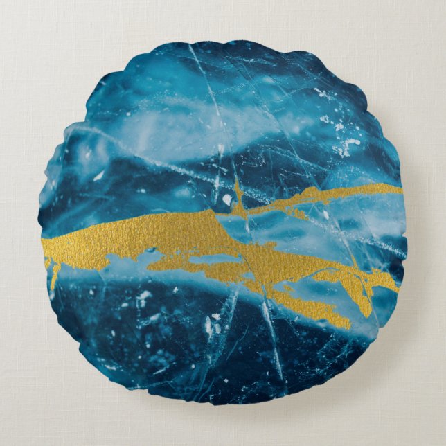 Geode Agate Gemstone Blue en Gold Rond Kussen (Voorkant)
