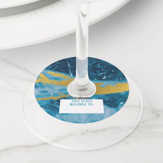 Geode Agate Gemstone Blue en Gold Wijnglaslabel (Dichtbij)