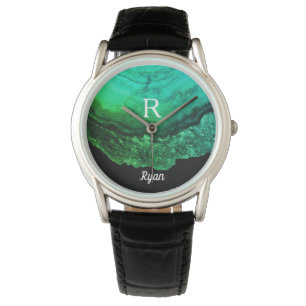 Geode Agate Monogram Initialen Naam Sjabloon Groen Horloge