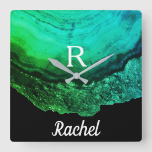 Geode Agate Monogram Initialen Naam Sjabloon Groen Vierkante Klok