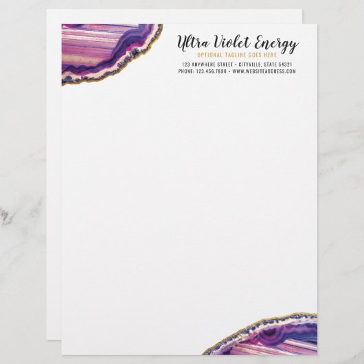 Geode Agate Slice Gemstone Ultra Violet Paars Briefhoofd (Voorkant / Achterkant)