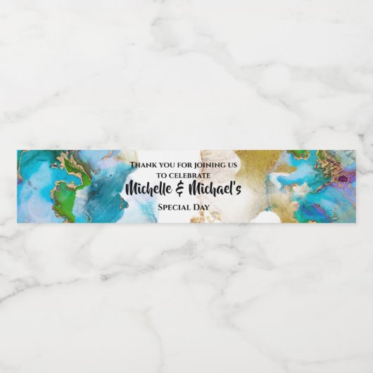 Geode blauw gouden agaat waterverf pauw kleuren waterfles etiket (Enkel label)