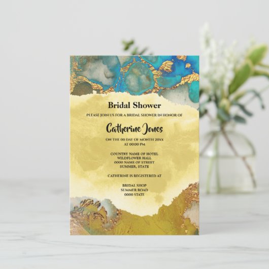 Geode chique goudblauwe agaat waterverf bruids kaart (Staand voorkant)