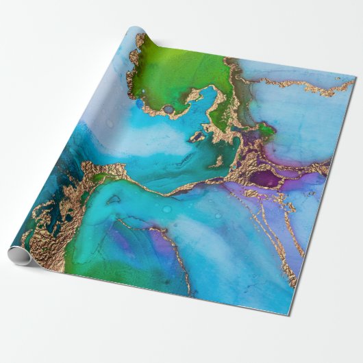 Geode faux goudblauw paars agaat waterverf cadeaupapier (Uitgerold)