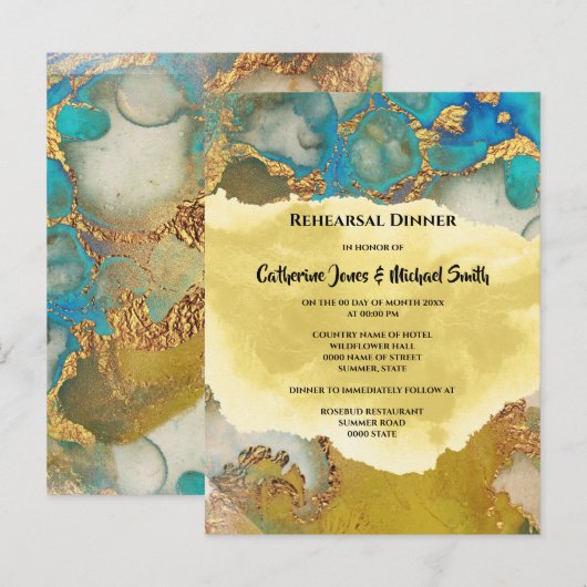 Geode faux goudblauwe kristallijne waterverf uitnodiging briefkaart (Voorkant / Achterkant)