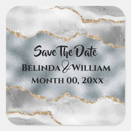 Geode faux zilver goud wit agaat waterverf opslaan vierkante sticker (Voorkant)