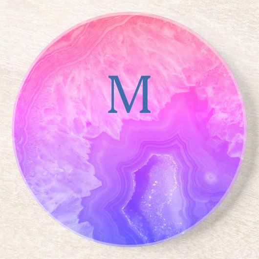 Geode Gemstone Agate Monogram Initiaal Roze Blauw Zandsteen Onderzetter (Voorkant)