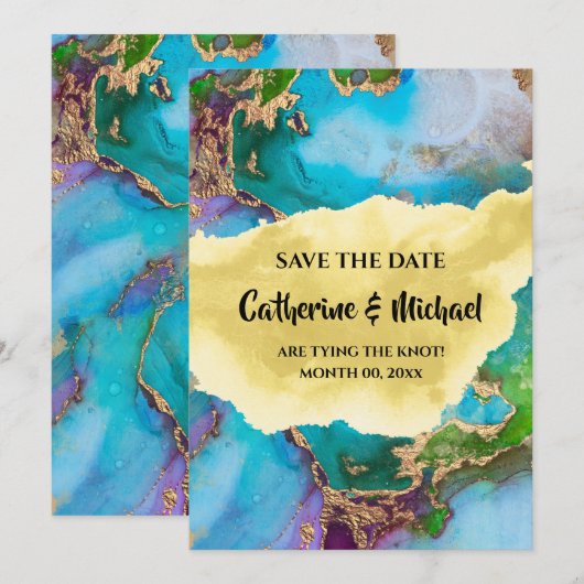 Geode moderne faux gouden abstracte edelsteen pauw feestdagenkaart (Voorkant / Achterkant)