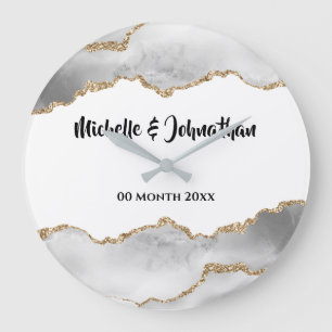 Geode white faux gold agate waterverf bridal grote klok