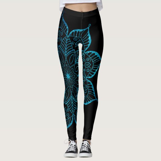 Geoffcentreerd Blauwgroen Faux Glitter Mandala op Leggings (Voorkant)