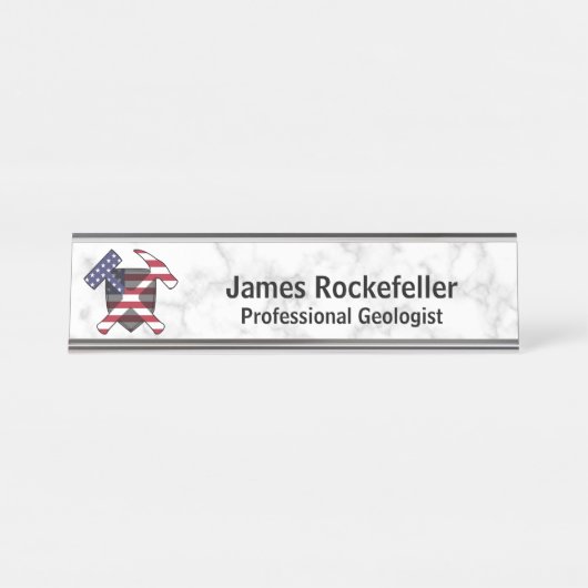 Geologist's Rock Hammer Logo (VS) op marmeren prin Bureau Naambordje (Voorkant)