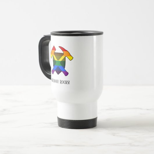 "Geology Rocks" LGBT Rainbow Flag Hammer Logo Reisbeker (Voorkant links)