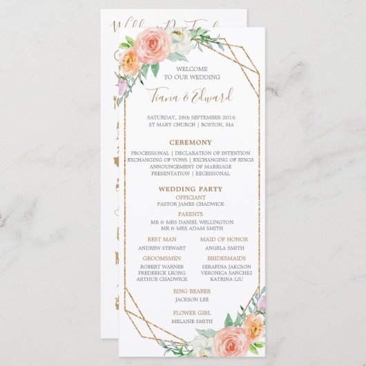 Geometri Waterverf Flowers Trouwtijdlijn Programmakaart (Voorkant / Achterkant)