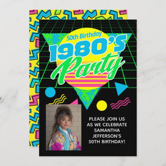 Geometric 1980s 80s 50th Photo Birthday Party Kaart (Voorkant / Achterkant)