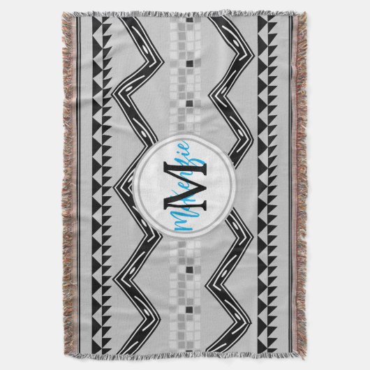 Geometric Aztec Black en Grey Monogram Patroon Deken (Voorkant Verticaal)
