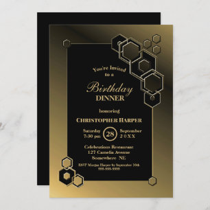 Geometric Black and Gold Birthday Dinner Party Kaart