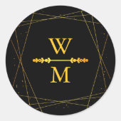 Geometric Black and Gold Monogram Wedding Favor Ronde Sticker (Voorkant)