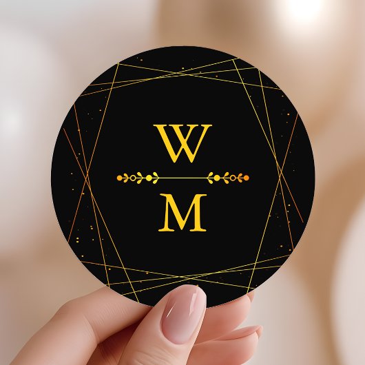 Geometric Black and Gold Monogram Wedding Favor Ronde Sticker