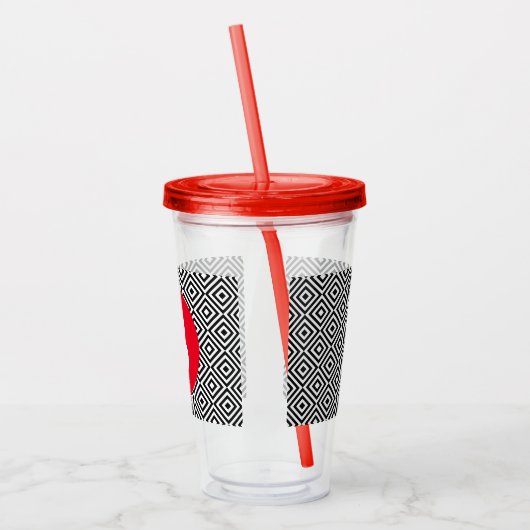 Geometric Black and White Pattern Red Monogram Acryl Drinkbeker (Links)