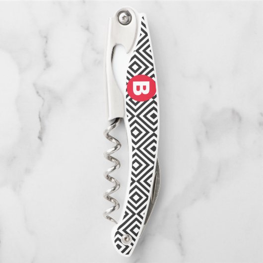 Geometric Black and White Pattern Red Monogram Kurkentrekker (Voorkant)