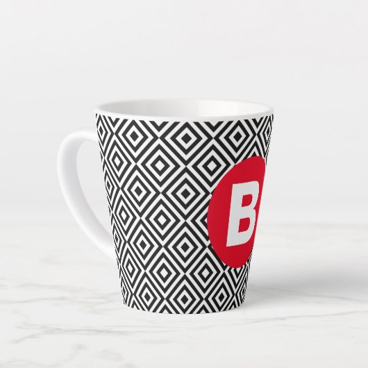 Geometric Black and White Pattern Red Monogram Latte Mok (Linkerhoek)