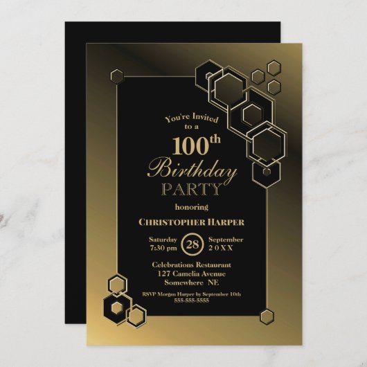 Geometric Black en Gold 100th Birthday Party Kaart (Voorkant / Achterkant)
