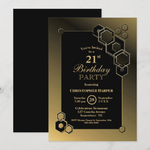 Geometric Black en Gold 21st Birthday Party Kaart