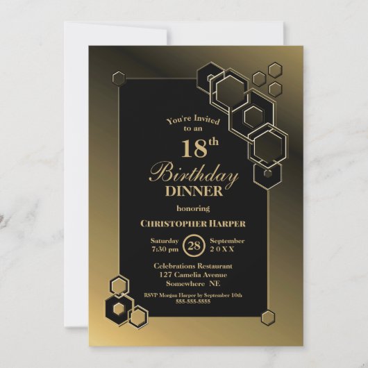 Geometric Black Gold 18th Birthday Dinner Party Kaart (Voorkant)