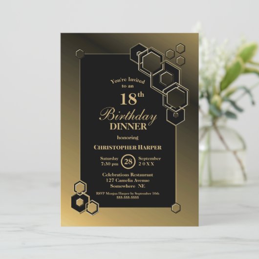 Geometric Black Gold 18th Birthday Dinner Party Kaart (Staand voorkant)