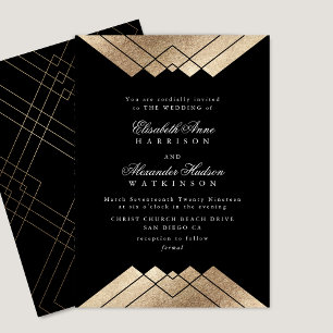 Geometric Black Gold Calligraphy Wedding Kaart