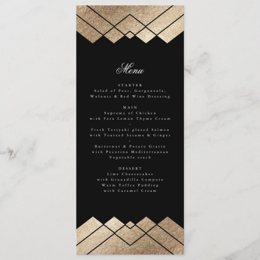 Geometric Black Gold Gatsby Wedding Menu (Voorkant)