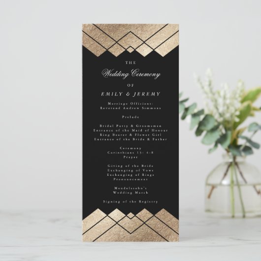 Geometric Black Gold Gatsby Wedding Program Programmakaart (Staand voorkant)