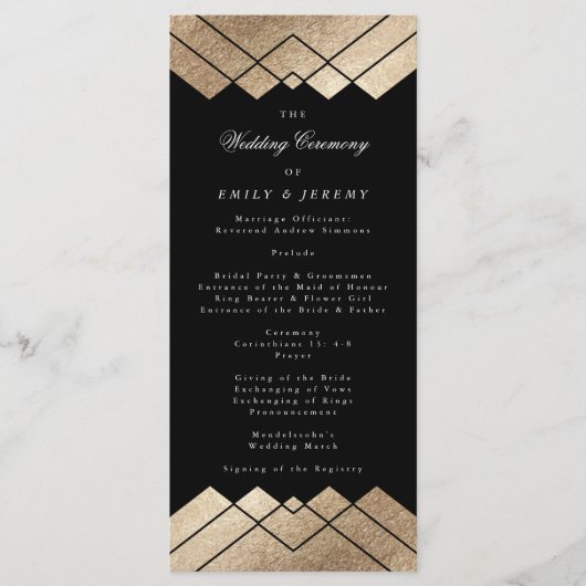 Geometric Black Gold Gatsby Wedding Program Programmakaart (Voorkant)