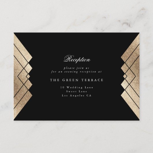 Geometric Black Gold Gatsby Wedding Reception Card Informatiekaartje (Voorkant)