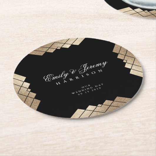 Geometric Black Gold Gatsby Wedding Table Onderzet Ronde Kartonnen Onderzetter (Gebogen)