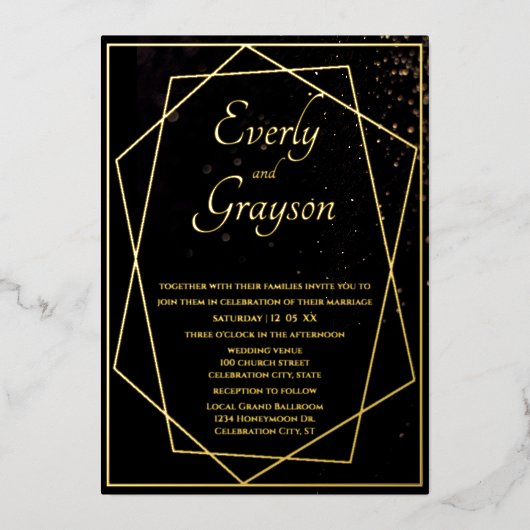Geometric Black & Gold Wedding Folie Uitnodiging (Voorkant)