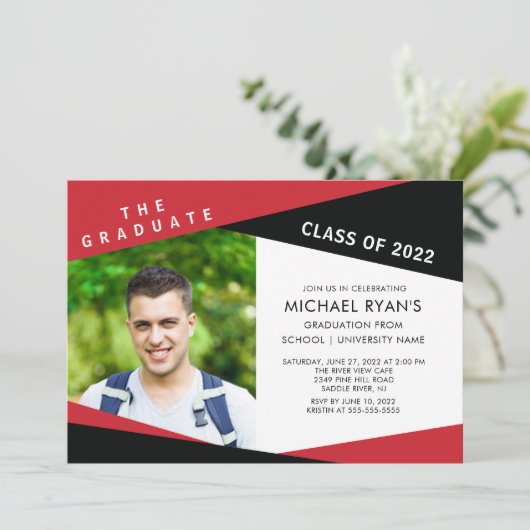 Geometric Black & Red Photo Afstuderen Invitation Kaart (Staand voorkant)