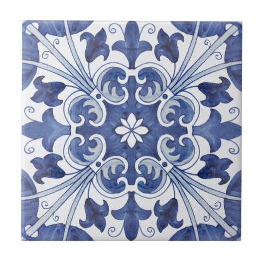 Geometric Blue and White Lisbon Ceramic Tile Art Tegeltje (Voorkant)