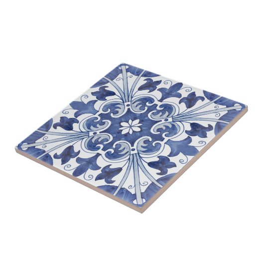 Geometric Blue and White Lisbon Ceramic Tile Art Tegeltje (Zijkant)