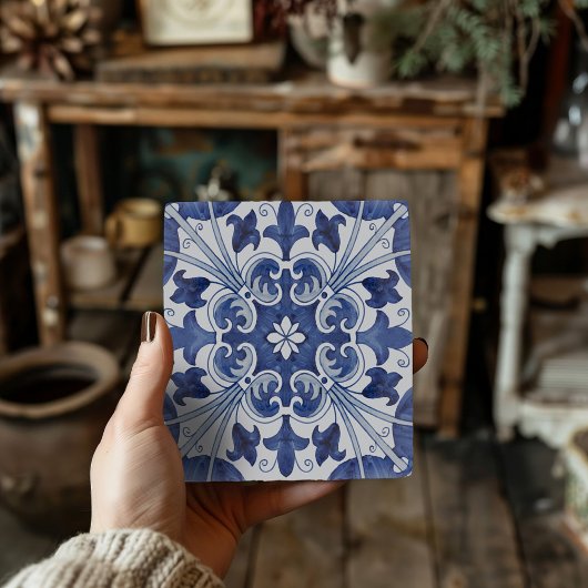 Geometric Blue and White Lisbon Ceramic Tile Art Tegeltje