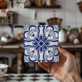 Geometric Blue and White Lisbon Tile Art Coaster Tegeltje