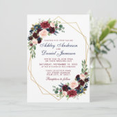 Geometric Blue Burgundy Floral Wedding Kaart (Staand voorkant)