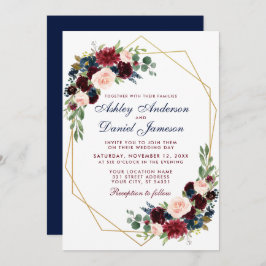 Geometric Blue Burgundy Floral Wedding Kaart