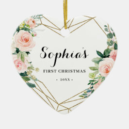 Geometric Blush Floral Baby's eerste Kerstmis Keramisch Ornament