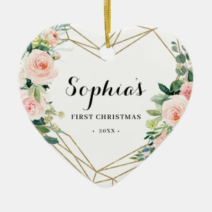 Geometric Blush Floral Baby's eerste Kerstmis Keramisch Ornament