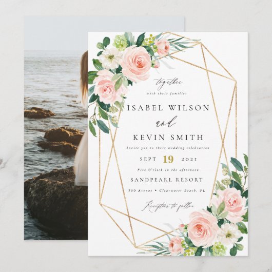 Geometric Blush floral lijst bruiloft Kaart (Voorkant / Achterkant)