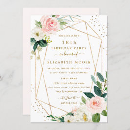 Geometric Blush Gold Floral 18th Birthday Invite Kaart