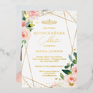 Geometric Blush Gold Floral Foto Quinceanera Folie Uitnodiging