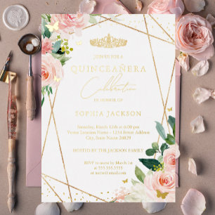 Geometric Blush Gold Floral Quinceanera Folie Uitnodiging